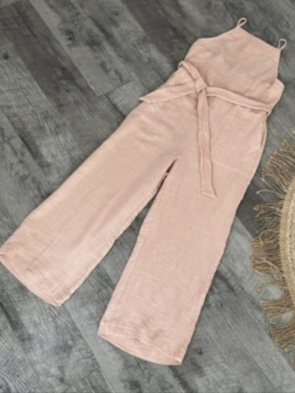 Zara Light Pink Spaghetti-Strap Wide-Leg Jumpsuit with Waist Tie